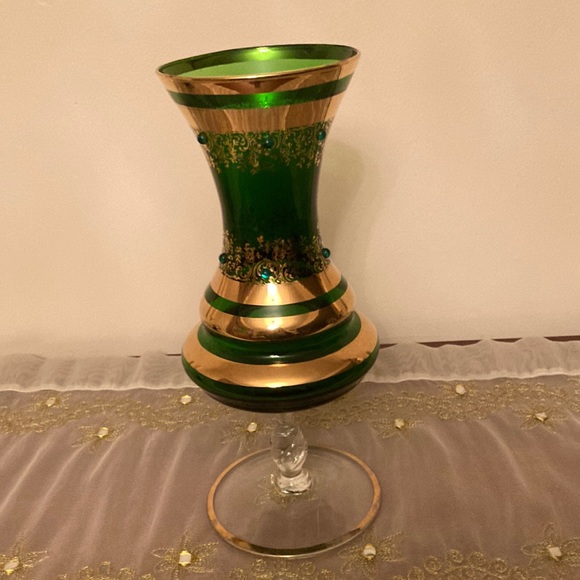 Unique Vintage Design Green Vase with Gold Accents Murano Style - Picture 2 of 7